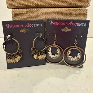 NWT 2 Pair of Fashion Accents Earrings antique gold tone hoops, howlite chips
